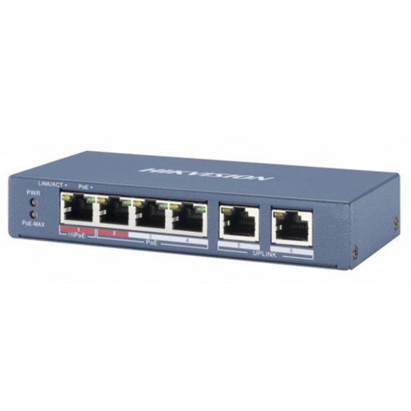 Hikvision DS-3E0106P-E/M 6 portos PoE switch (30 W); 4 PoE+ / 2 uplink port; nem menedzselhető