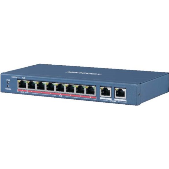 Hikvision DS-3E0310HP-E 10 portos PoE switch (120 W); 1 HiPoE + 7 PoE+(at) + 2 uplink port; nem menedzselhető