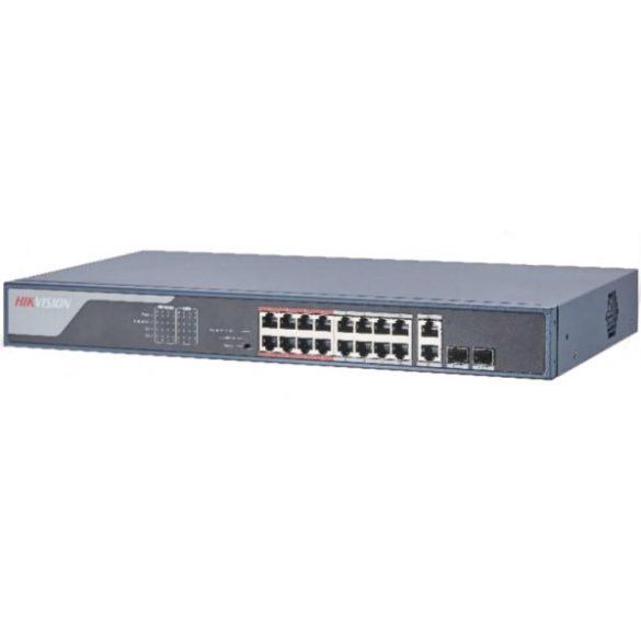 Hikvision DS-3E0318P-E (B) 18 portos PoE switch (230 W); 16 PoE + 2 kombinált uplink port; nem menedzselhető