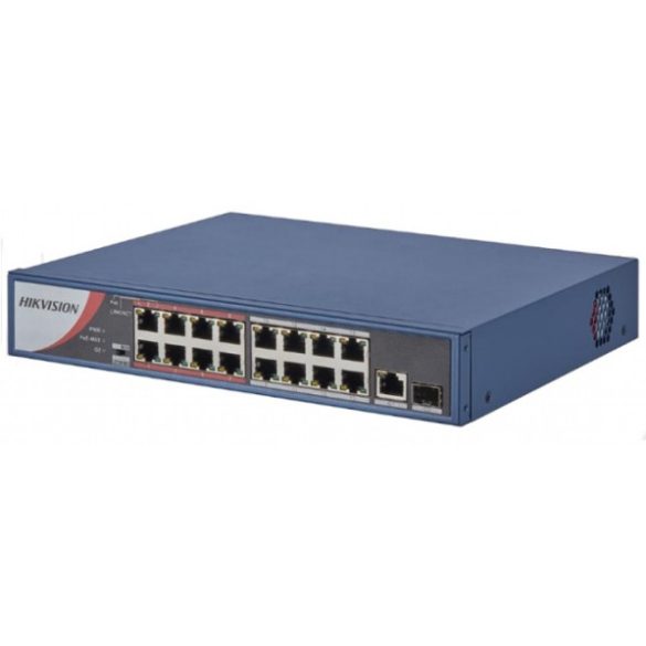 Hikvision DS-3E0318P-E/M (B) 18 portos PoE switch (130 W); 16 PoE + 1 SFP + 1 RJ45 uplink port; nem menedzselhető