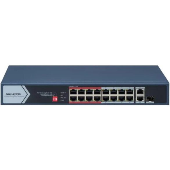 Hikvision DS-3E0318P-E/M (C) 18 portos PoE switch (130 W); 16 PoE + 1 RJ45 uplink port + 1 kombinált uplink; nem menedzselhető