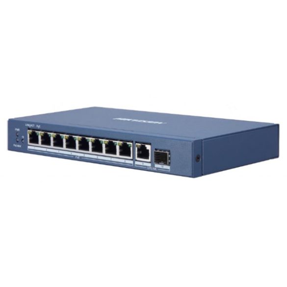 Hikvision DS-3E0510P-E/M 10 portos Gbit PoE switch (58 W); 8 PoE + 1 RJ45 + 1 SFP uplink port; nem menedzselhető