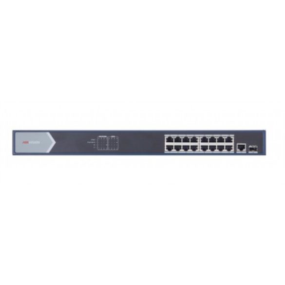 Hikvision DS-3E0518P-E 18 portos Gbit PoE switch (230 W); 16 PoE + 1 RJ45 + 1 SFP uplink port; nem menedzselhető