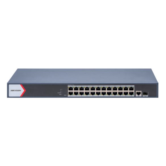 Hikvision DS-3E1526P-EI/M 26 portos Gbit PoE switch (230 W); 24 PoE +/ 1 RJ45 + 1 SFP uplink port; smart menedzselhető