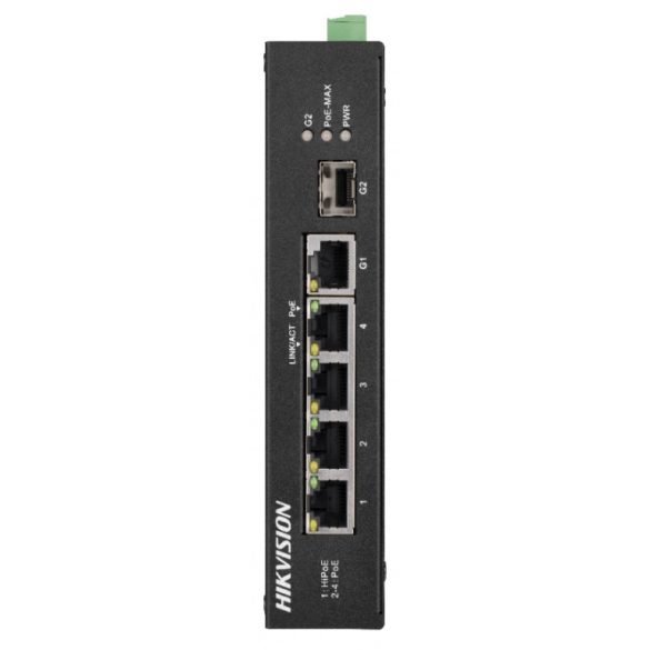 Hikvision DS-3T0306HP-E/HS 6 portos ipari PoE switch (60 W); 3 PoE+ / 1 HiPoe / 1 RJ45 + 1 SFP uplink port; nem menedzselhető