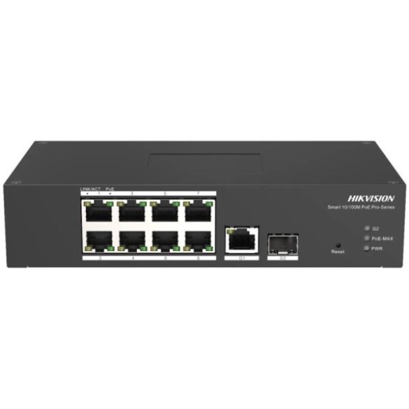 Hikvision DS-3T1310P-SI/HS 10 portos ipari 10/100 PoE switch (110 W); 8 PoE+ / 1 Gbit RJ45 + 1 SFP uplink port; menedzselhető