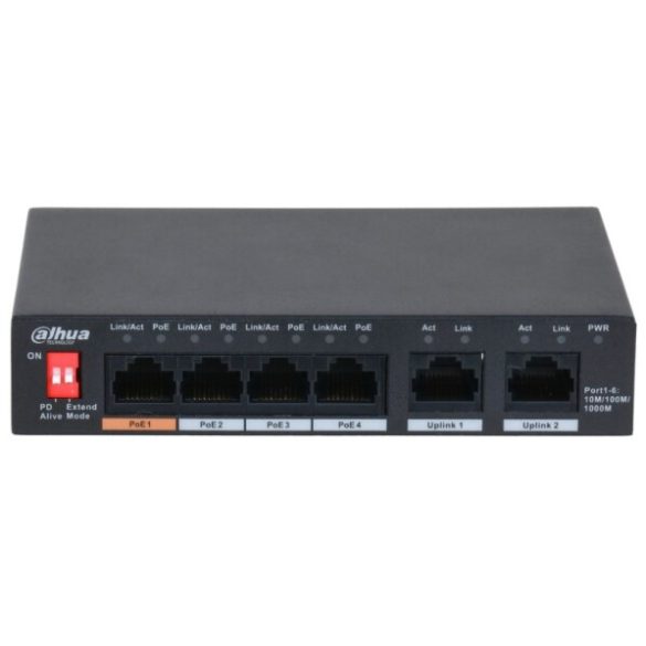 Dahua PFS3006-4GT-60-V2 6 portos Gbit PoE switch (60 W); 3 PoE+ / 1 HiPoE / 2 RJ45 uplink port; nem menedzselhető