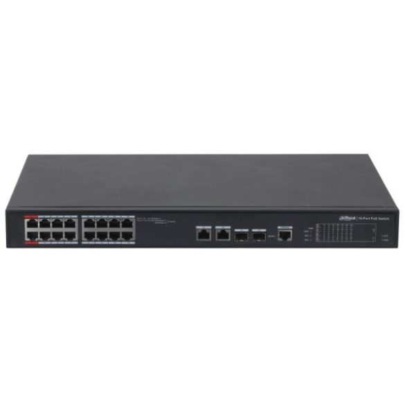 Dahua PFS4218-16ET-240-V3 18 portos PoE switch (240 W); 14 PoE+ / 2 HiPoE+ / 2 combo uplink port; menedzselhető